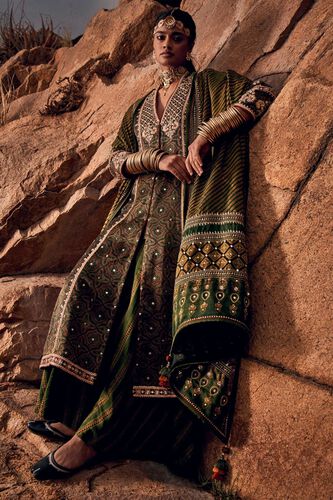 1 - Leher Ajrakh Sharara Set – Emerald, image 1