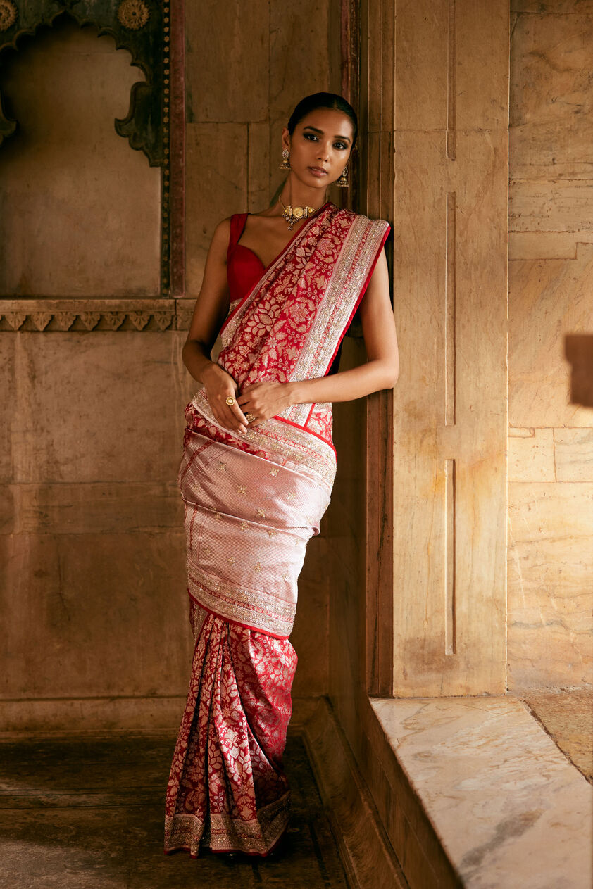 Bhaanavi Handwoven Benarasi Silk Saree, Red, image 1