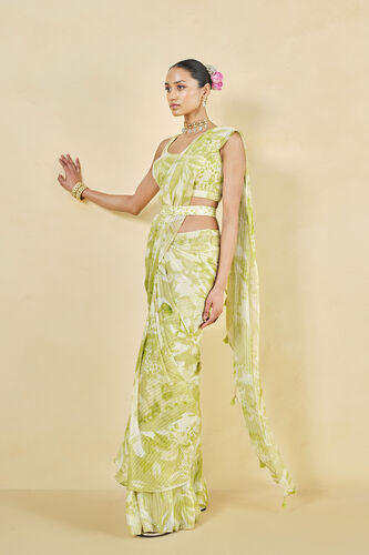 From The Tropics Georgette Pre-draped Saree - Lime, Lime, image 3