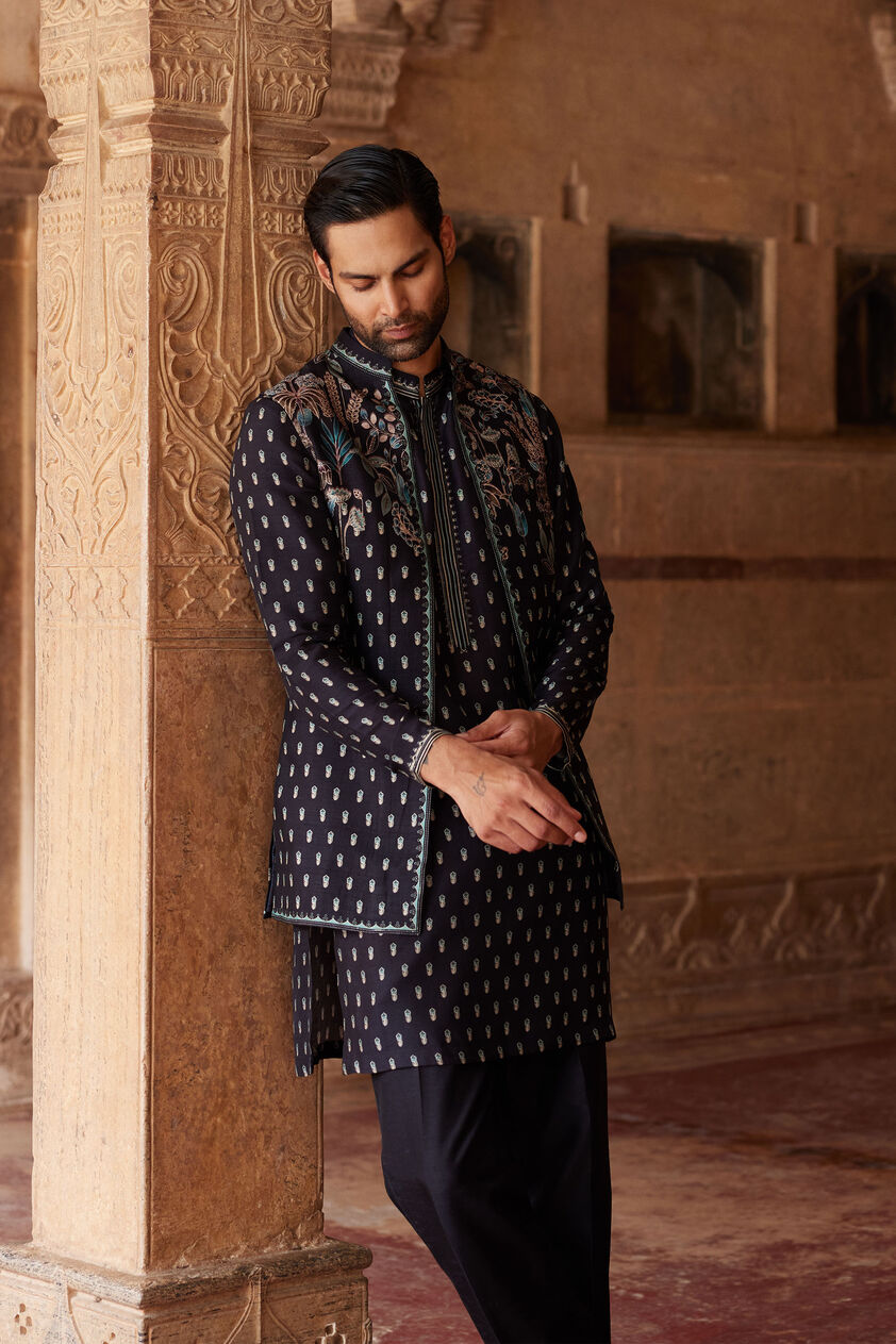 Saamir Printed Silk Nehru Jacket - Black, Black, image 2
