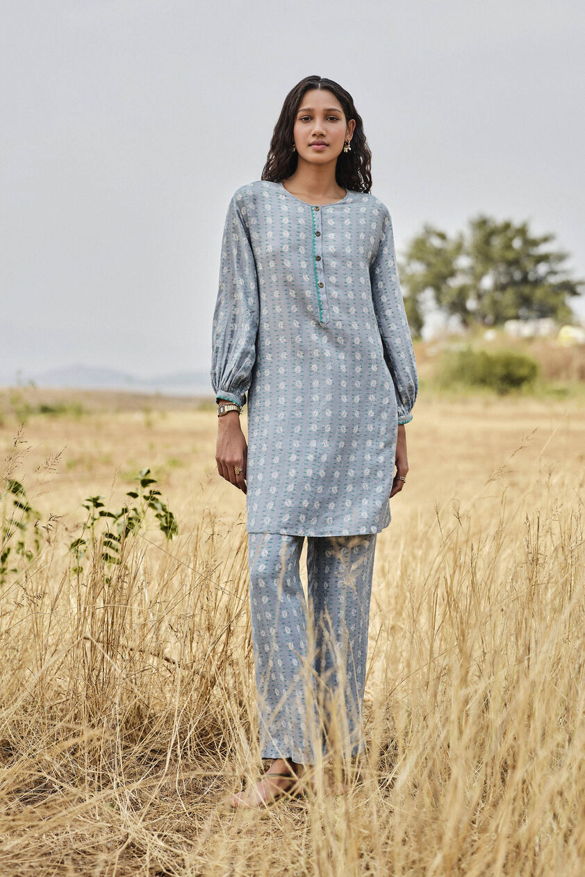 Inland Hand-block Printed Linen Coord - Blue, Blue, image 1