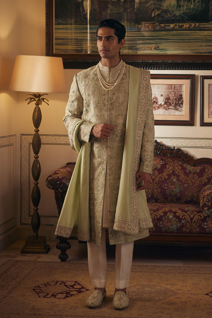 Kshiraj Embroidered Silk Sherwani - Sage, Sage, image 1