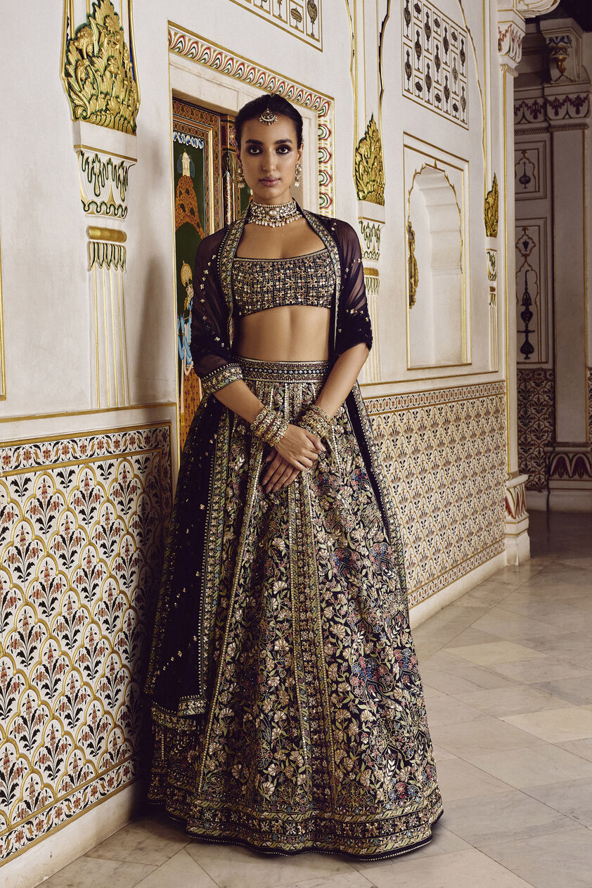 Elakshi Embroidered Silk Lehenga Set - Blue, Navy, image 1