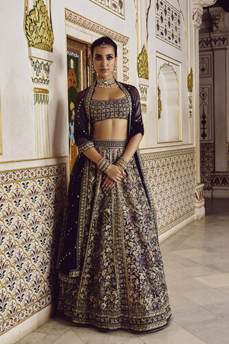 Elakshi Embroidered Silk Lehenga Set - Blue, Navy, image 1