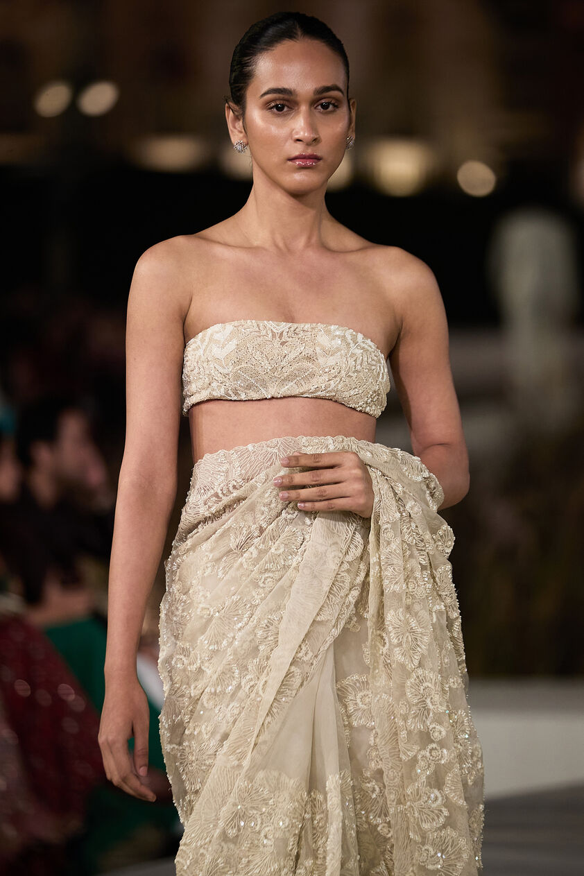 Rainbloom Embroidered Silk Saree - Ivory, Ivory, image 3