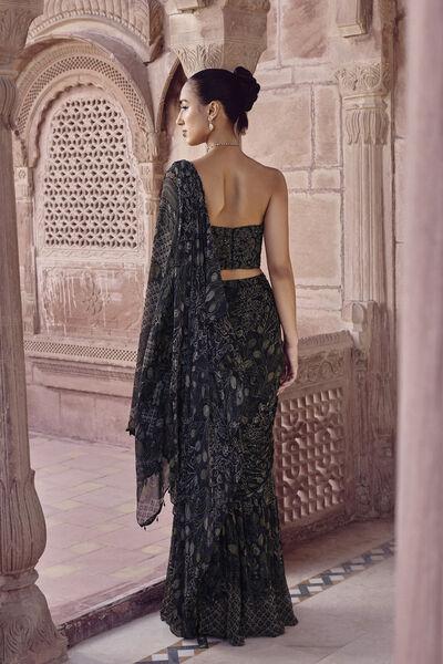 Ryka Sequin Chiffon Pre-draped Saree - Black