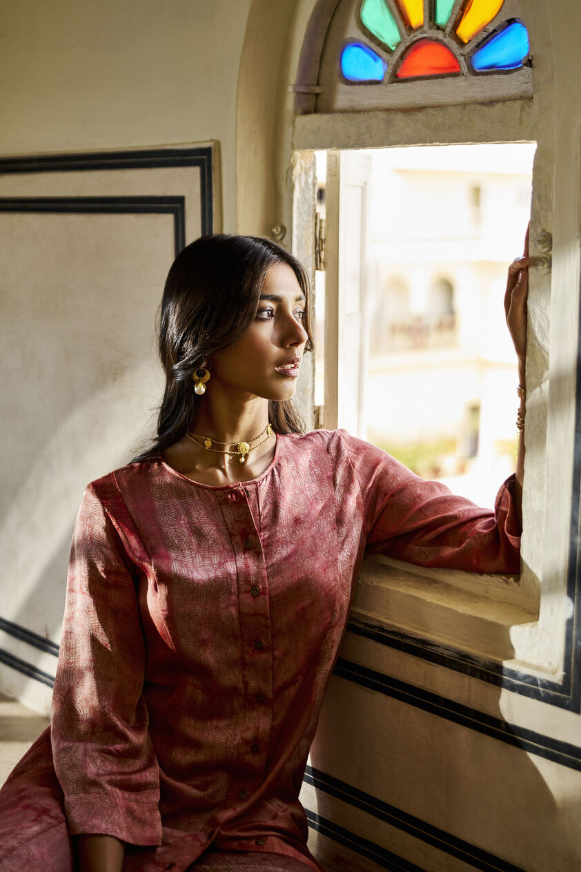 Sumac Hand-block Printed Gold Khadi Coord - Pink, Pink, image 3