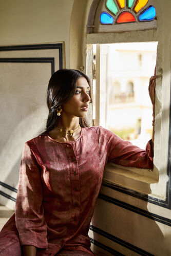 Sumac Hand-block Printed Gold Khadi Coord - Pink, Pink, image 3