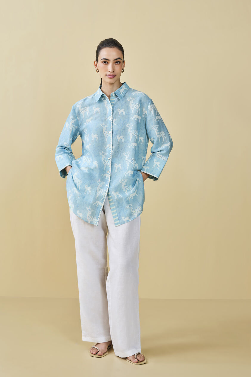 Chital Hand-Block Printed Linen Top  - Blue, Blue, image 5