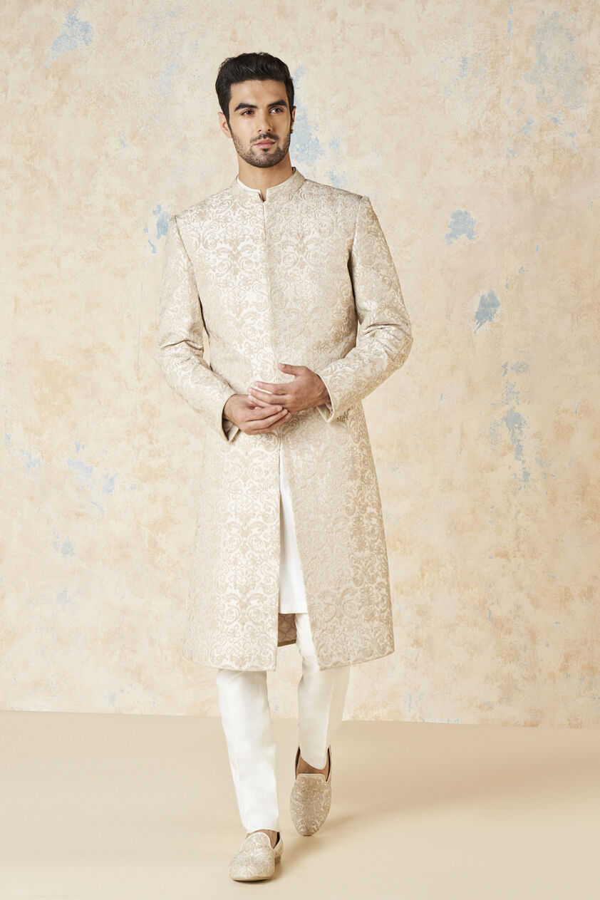 Vehant Embroidered Cord Silk Sherwani - Ivory, Ivory, image 2