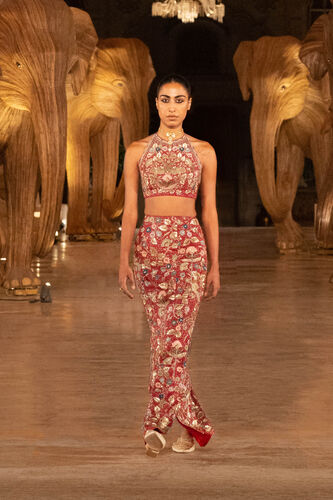 Symphony Of The Wilderness Embroidered Zardozi Silk Skirt Set - Wine, Wine, image 7