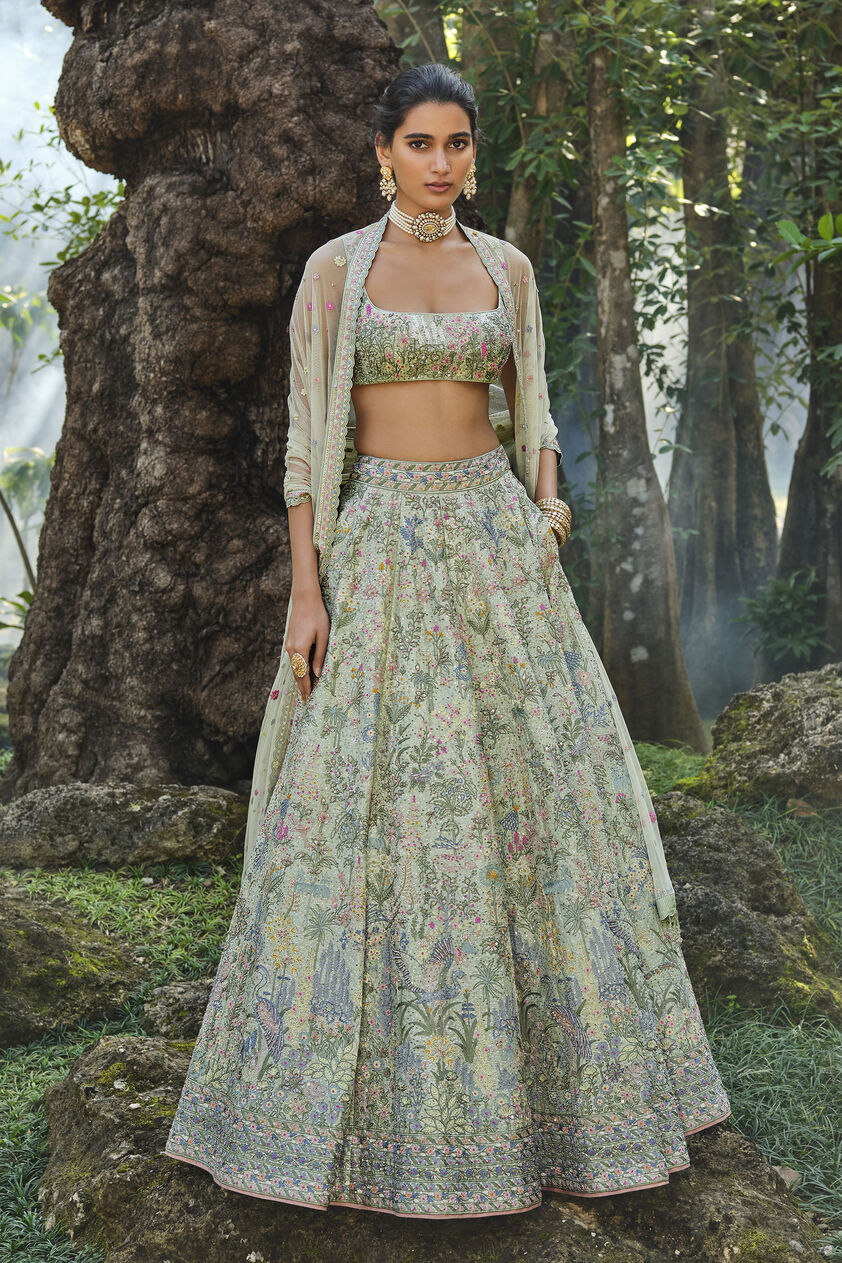 Alazani Embroidered Silk Lehenga Set - Sage, Sage, image 1