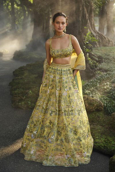 Meadowlark Hand-painted Pichhwai Silk Lehenga Set - Yellow