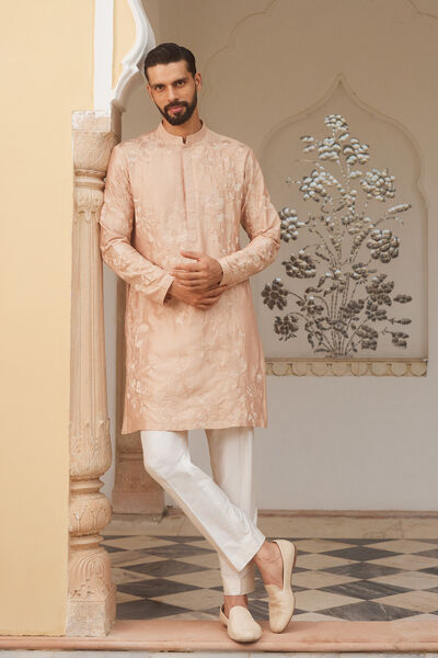 Dharv Embroidered Silk Kurta - Salmon
