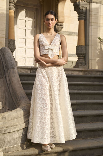 Fawn Woven Benarasi Silk Skirt Set - Ivory, Ivory, image 2