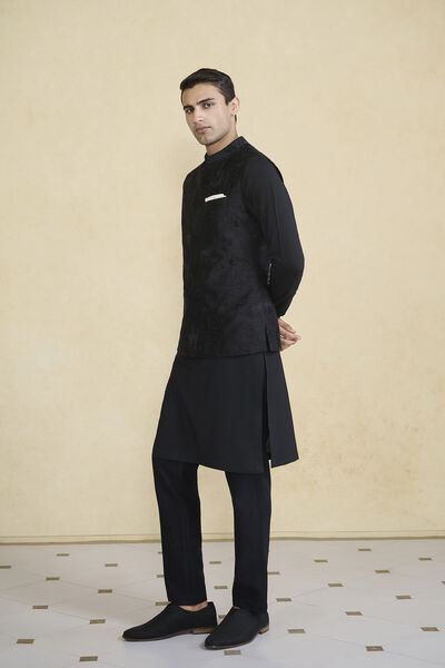 Atik Embroidered Silk Nehru Jacket - Black