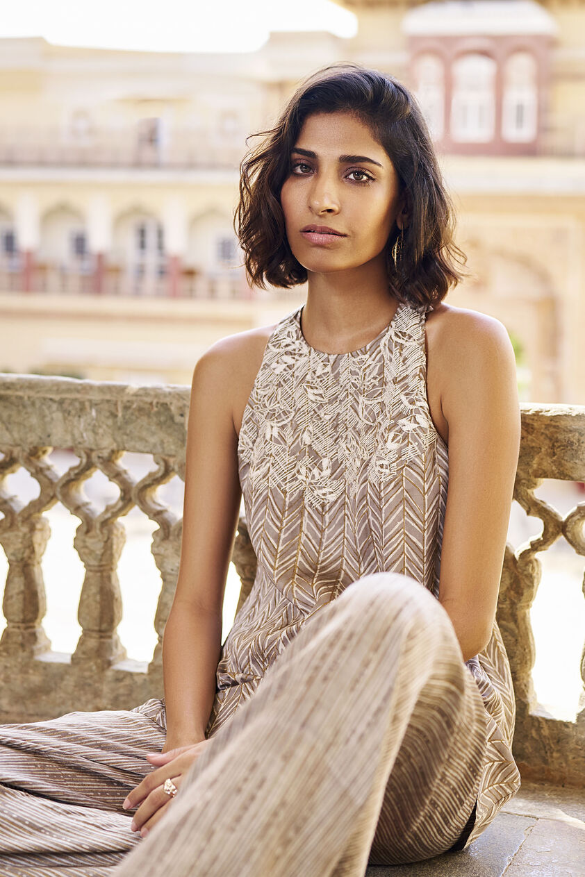 Inhale Embroidered Hand-block Print & Gold Khadi Coord - Grey, Grey, image 5