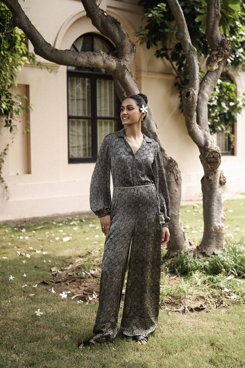 Sweep Ajrakh Hand-block Printed Jumpsuit - Black, Black, image 4