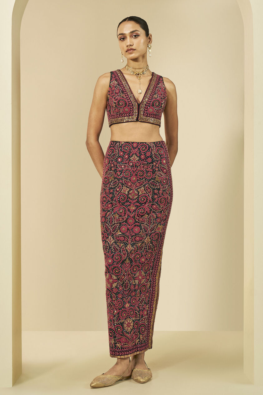 Nocturnal Wilderness Embroidered Cord Silk Skirt Set - Black, Black, image 1