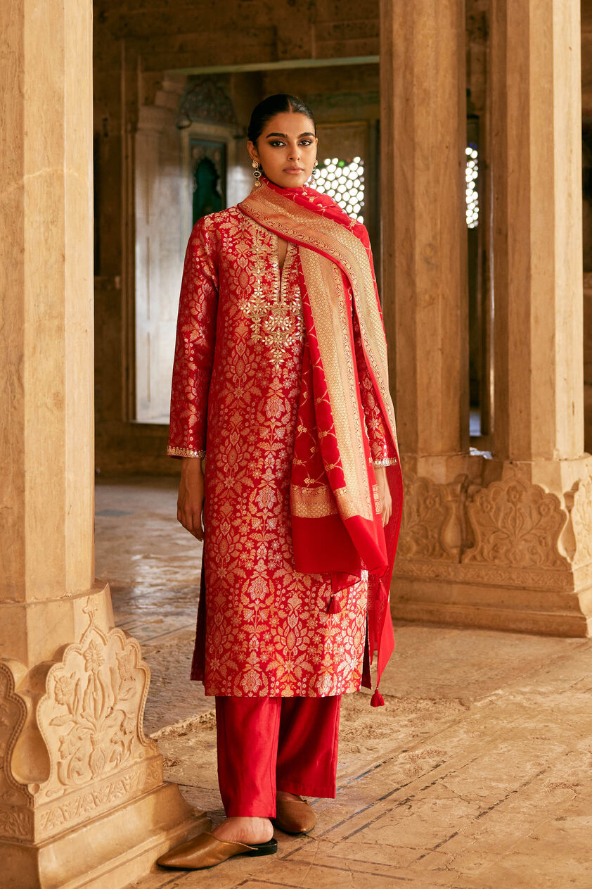 Samahita Handwoven Benarasi Silk Suit Set - Red, Red, image 1
