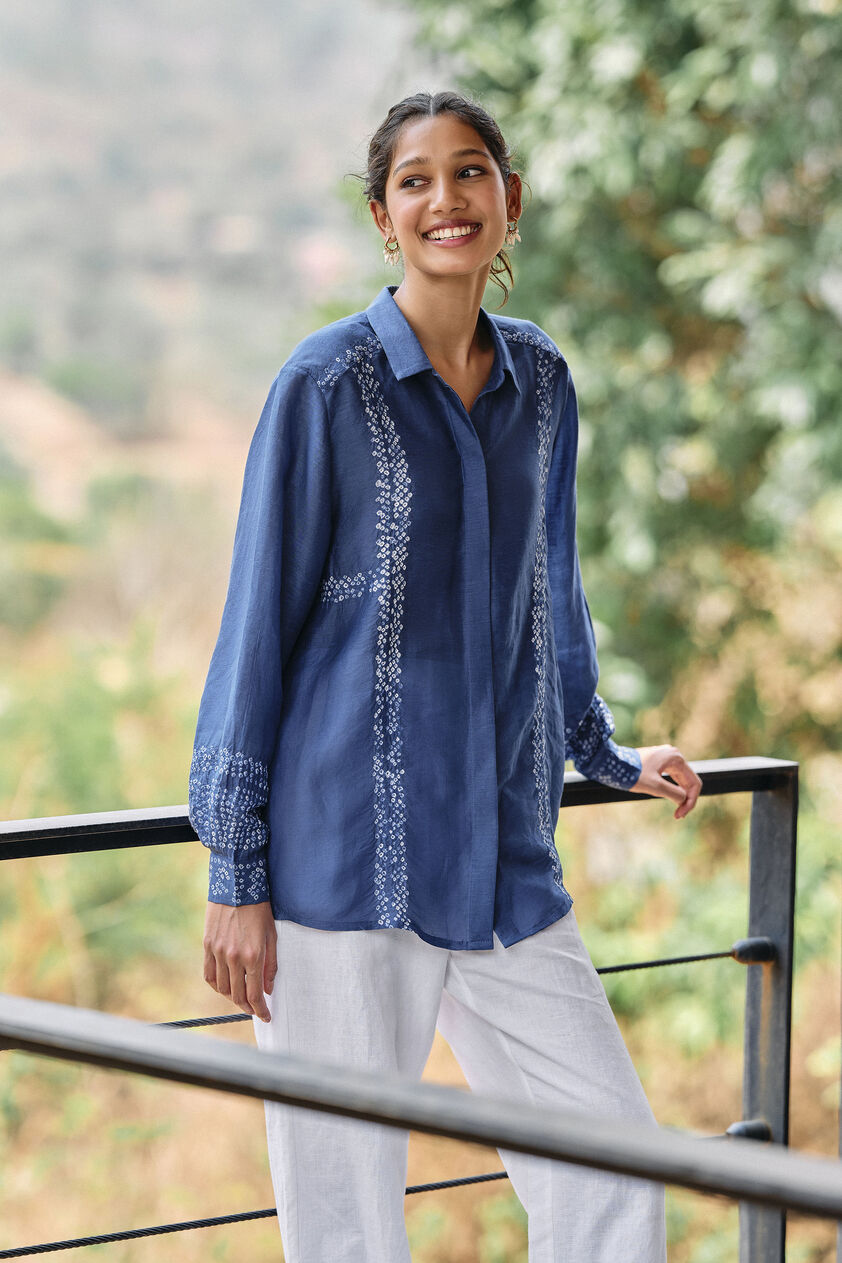 Dreamer Handcrafted Bandhani Linen Shirt - Indigo, Indigo, image 3