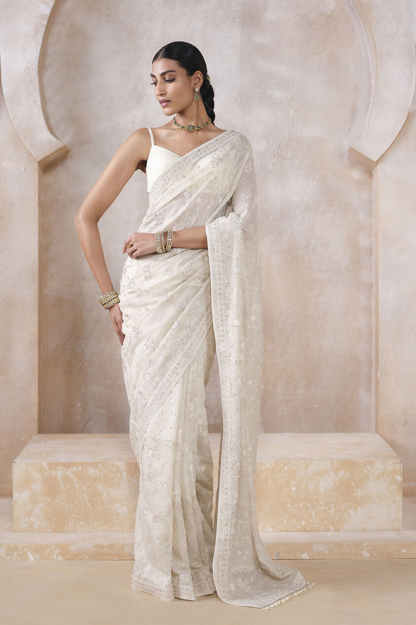 Zuhra Embroidered Saree - Ivory, Ivory, image 1