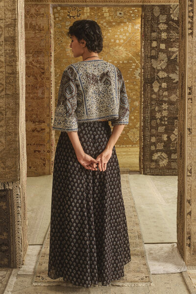 Maheyi Ajrakh Hand-block Printed Jacket Set - Black
