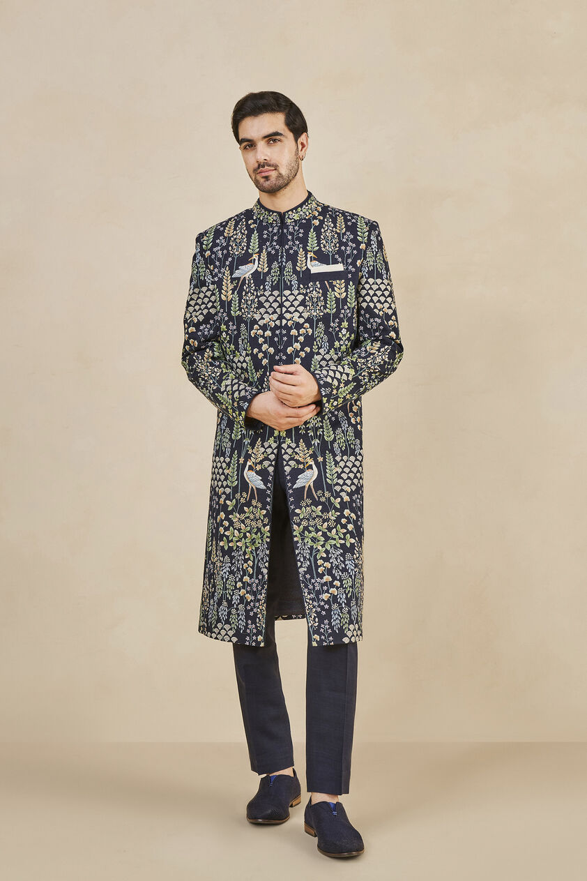 Fardan Hand-painted Pichhwai Silk Sherwani - Navy, Navy, image 2
