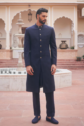 Shravas Silk Sherwani - Navy Blue, Navy, image 1