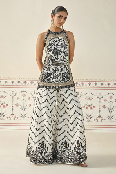 Fayona Embroidered Zardozi Silk Sharara Set - Black & White