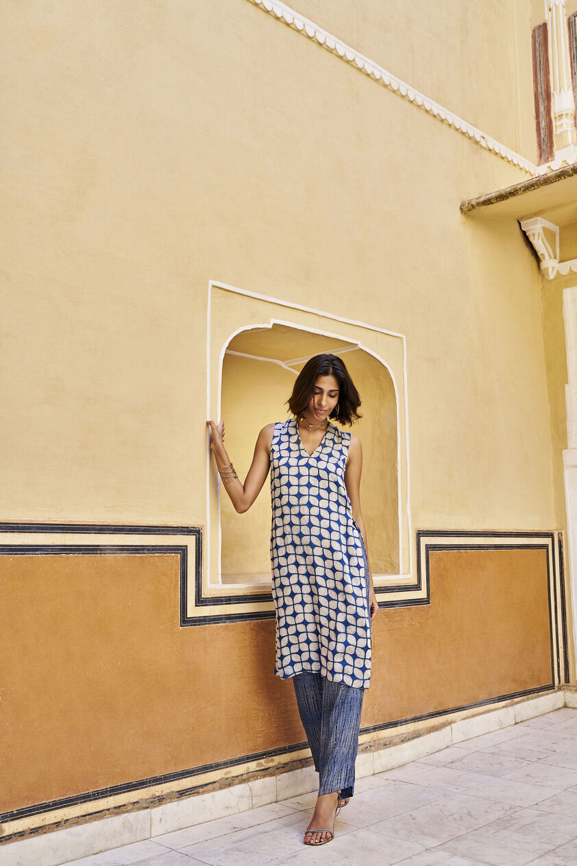 Exhale Hand-block Printed Gold Khadi Coord - Indigo, Indigo, image 1