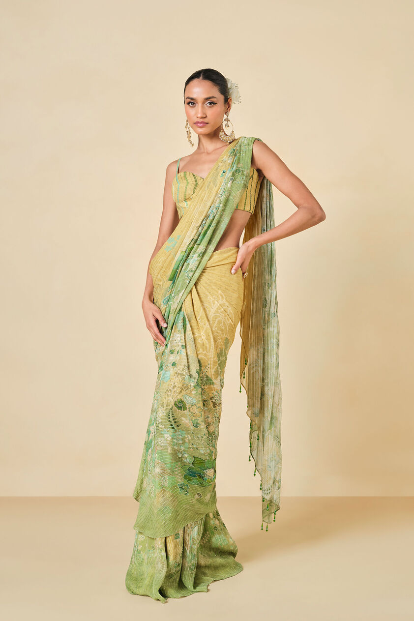 Naida Georgette Pre-draped Saree - Sage, Sage, image 1