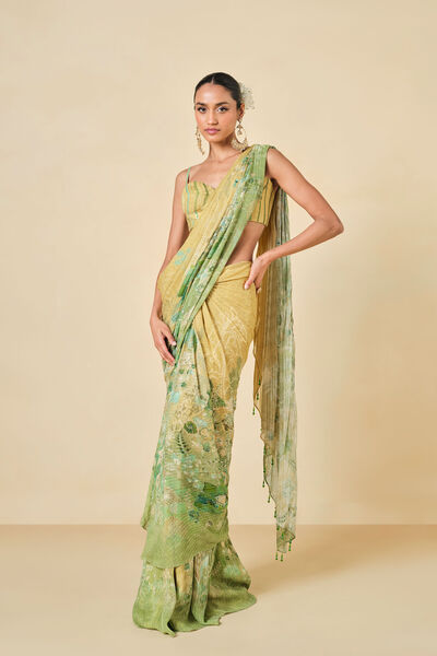 Naida Georgette Pre-draped Saree - Sage