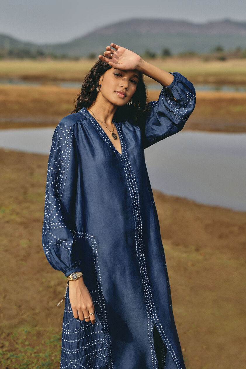 Windswept Handcrafted Bandhani Linen Dress - Indigo, Indigo, image 4