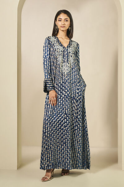 Taara Embroidered Hand-block Printed Kaftan - Blue