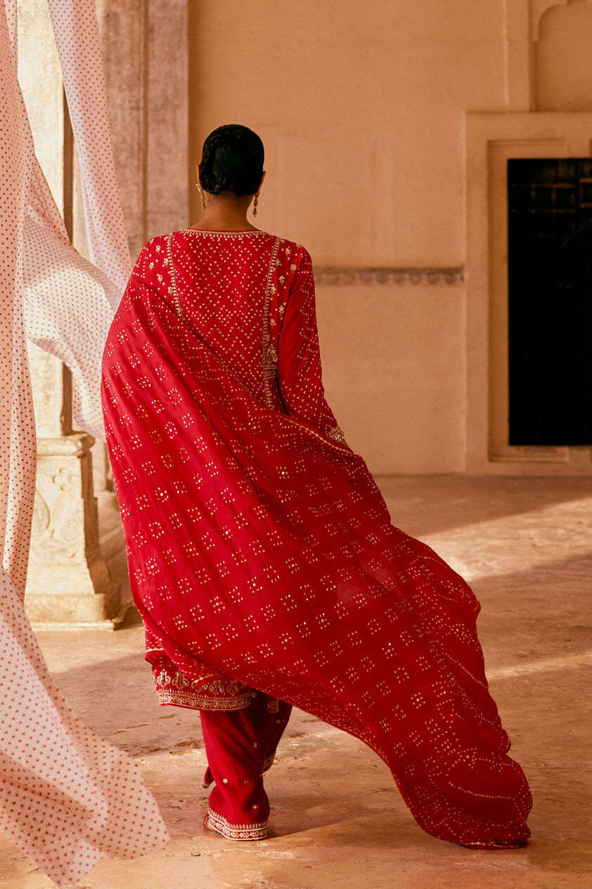 Cinnabar Handcrafted Bandhani Silk Suit Set - Red, Red, image 2