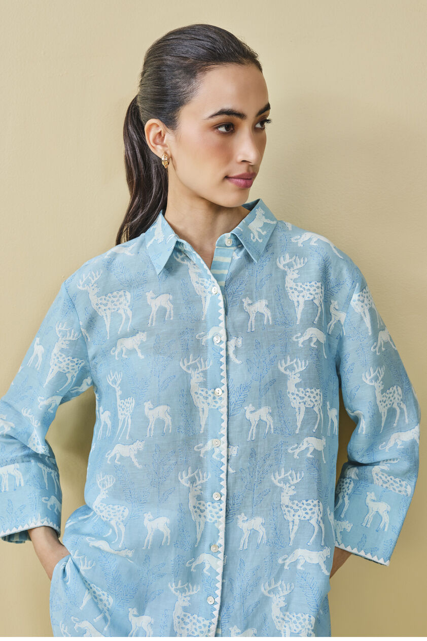 Chital Hand-Block Printed Linen Top  - Blue, Blue, image 9