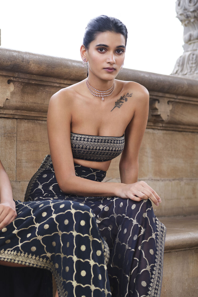 Nozomi Woven Benarasi Skirt Set - Black, Black, image 2