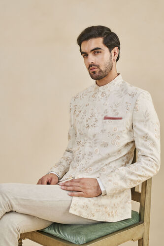 Nirad Embroidered Silk Bandhgala - Ivory, Ivory, image 4
