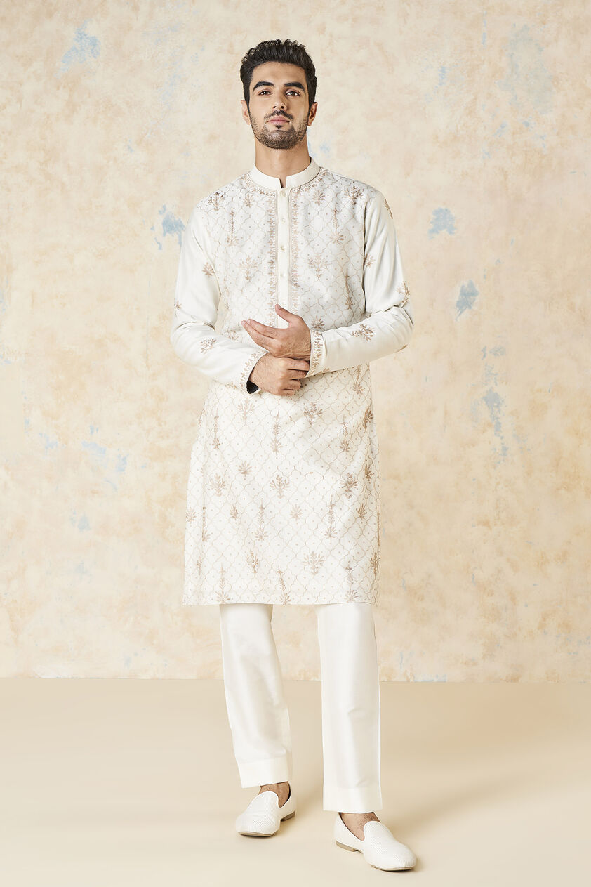 Ainan Embroidered Aari Silk Kurta - Ivory, Ivory, image 1