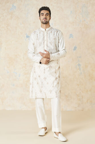 Ainan Embroidered Aari Silk Kurta - Ivory, Ivory, image 1