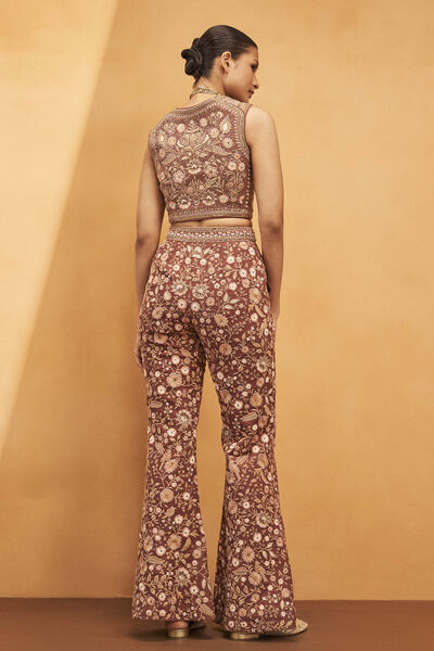 Field Of Flowers Embroidered Silk Pant Set - Brown