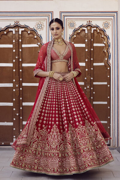 Zamira Embroidered Silk Lehenga Set - Red