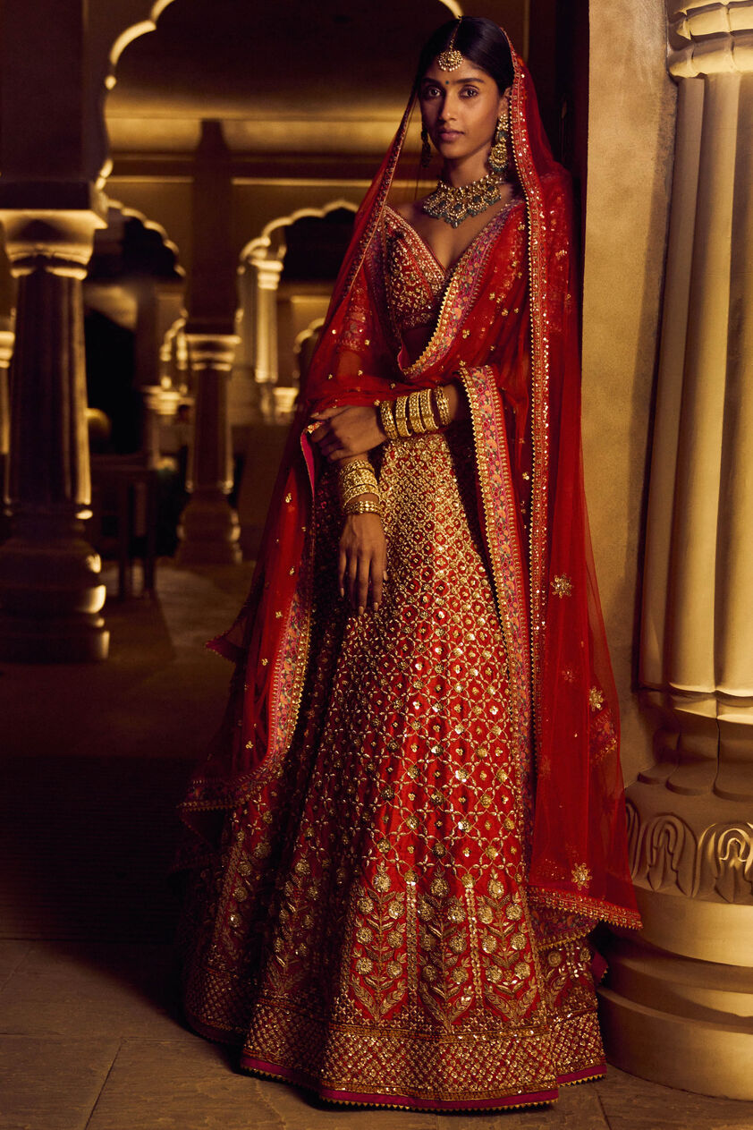 Sanadara Lehenga - Red, , image 1