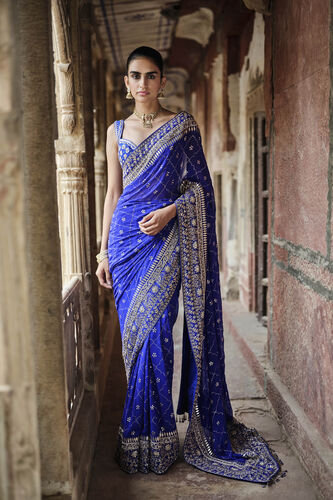 Anushna Handcrafted Badla Georgette Saree - Blue, Blue, image 1