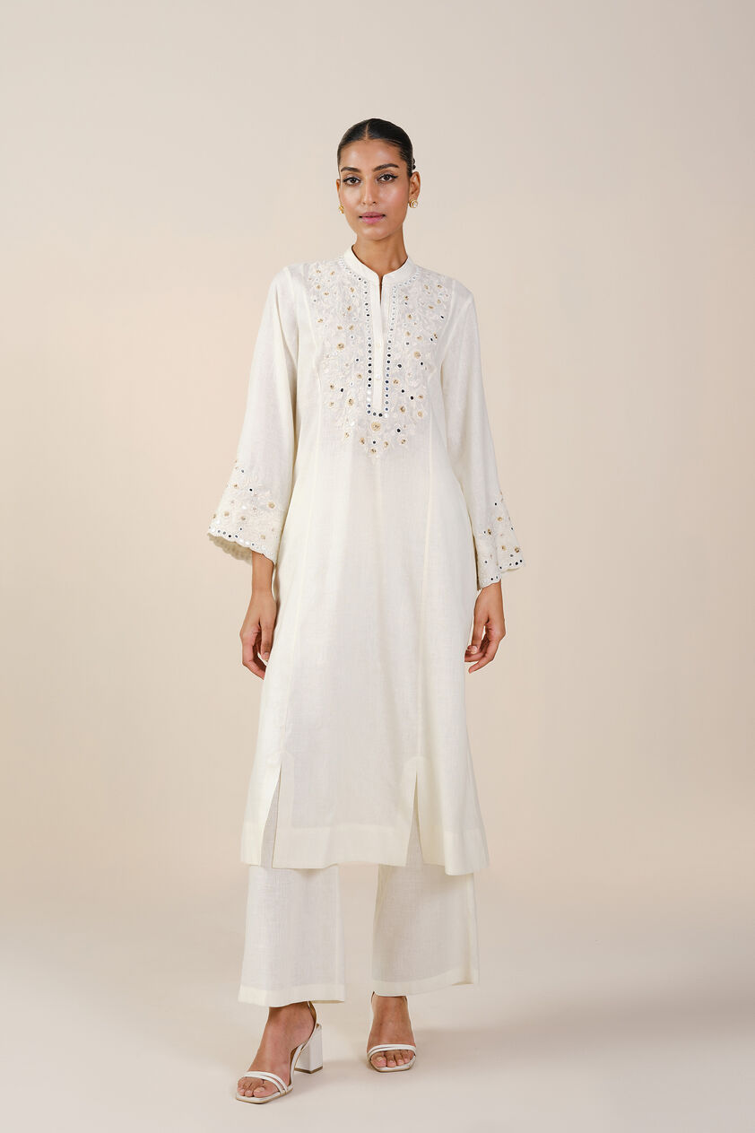 Sikara Mirror Embroidered Linen Kurta Set - Natural, Natural, image 1