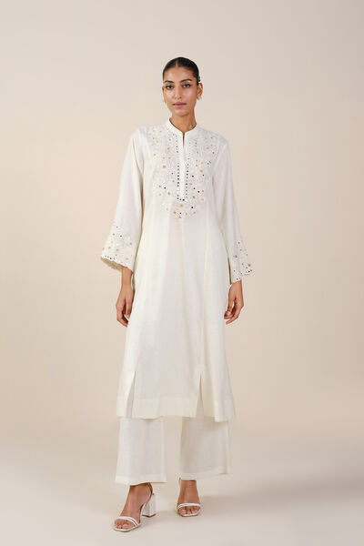 Sikara Mirror Embroidered Linen Kurta Set - Natural