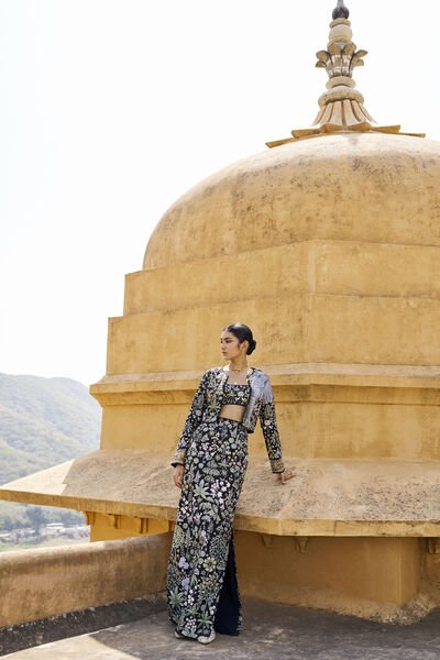 Haathi Harmony Hand-painted Pichhwai Silk Skirt Set - Black