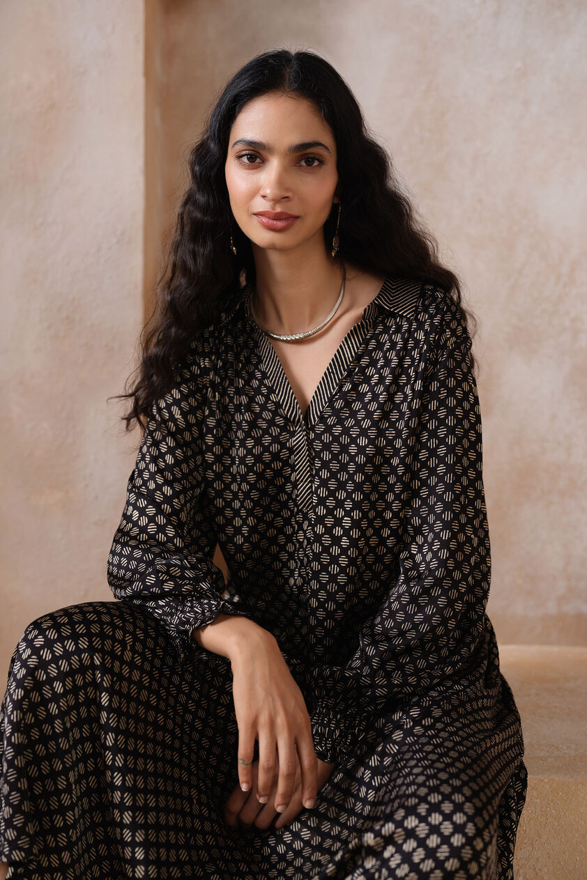 Myrsky Ajrakh Hand-block Printed Dress - Black, Black, image 4