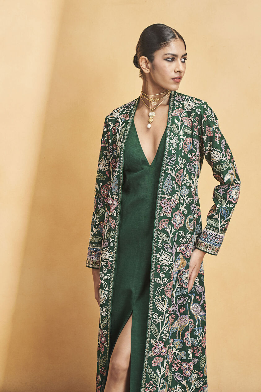 Blooming Wildforest SEWA Hand-embroidered Silk Jacket Set - Green, Green, image 8